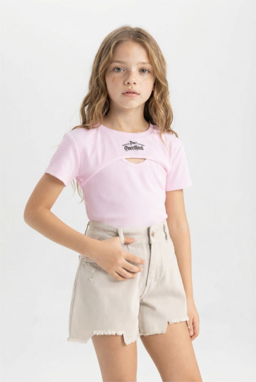 Girls & Teens Pink Girl Crop Ribbed Camisole 2 Piece Short Sleeve T-Shirt