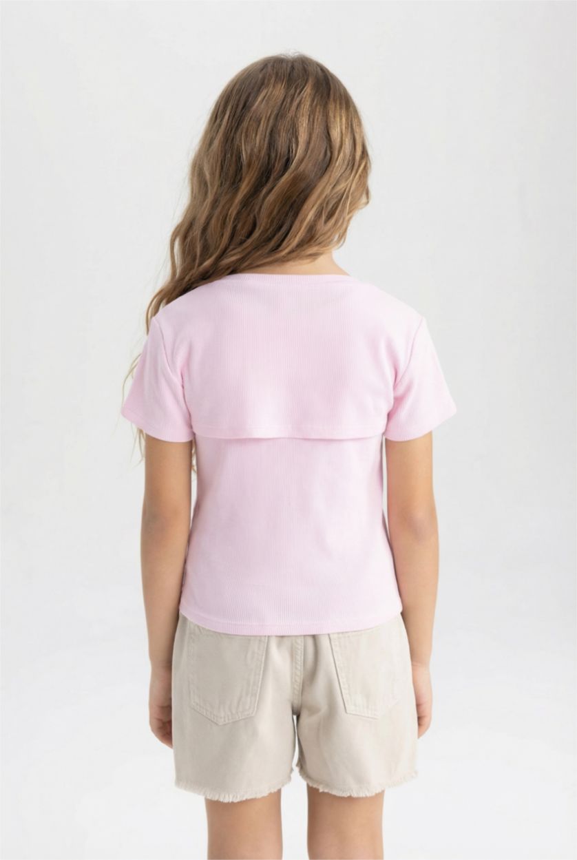 Girls & Teens Pink Girl Crop Ribbed Camisole 2 Piece Short Sleeve T-Shirt