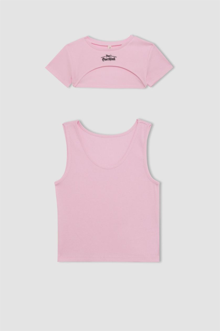 Girls & Teens Pink Girl Crop Ribbed Camisole 2 Piece Short Sleeve T-Shirt