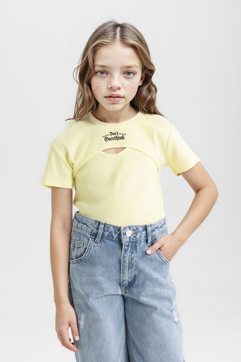 Girls & Teens Light Yellow Girl Crop Ribbed Camisole 2 Piece Short Sleeve T-Shirt