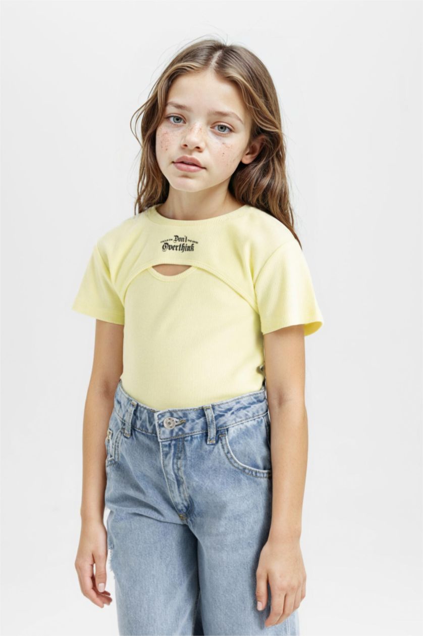 Girls & Teens Light Yellow Girl Crop Ribbed Camisole 2 Piece Short Sleeve T-Shirt