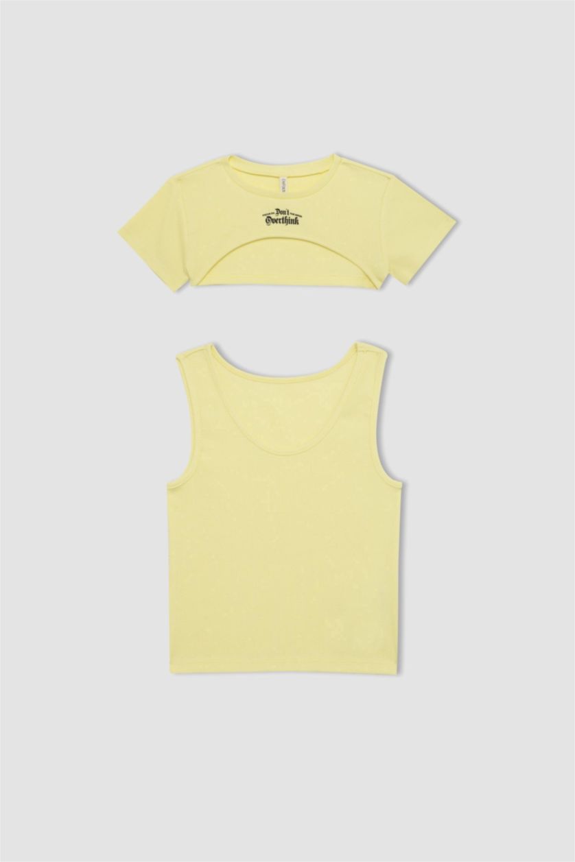 Girls & Teens Light Yellow Girl Crop Ribbed Camisole 2 Piece Short Sleeve T-Shirt