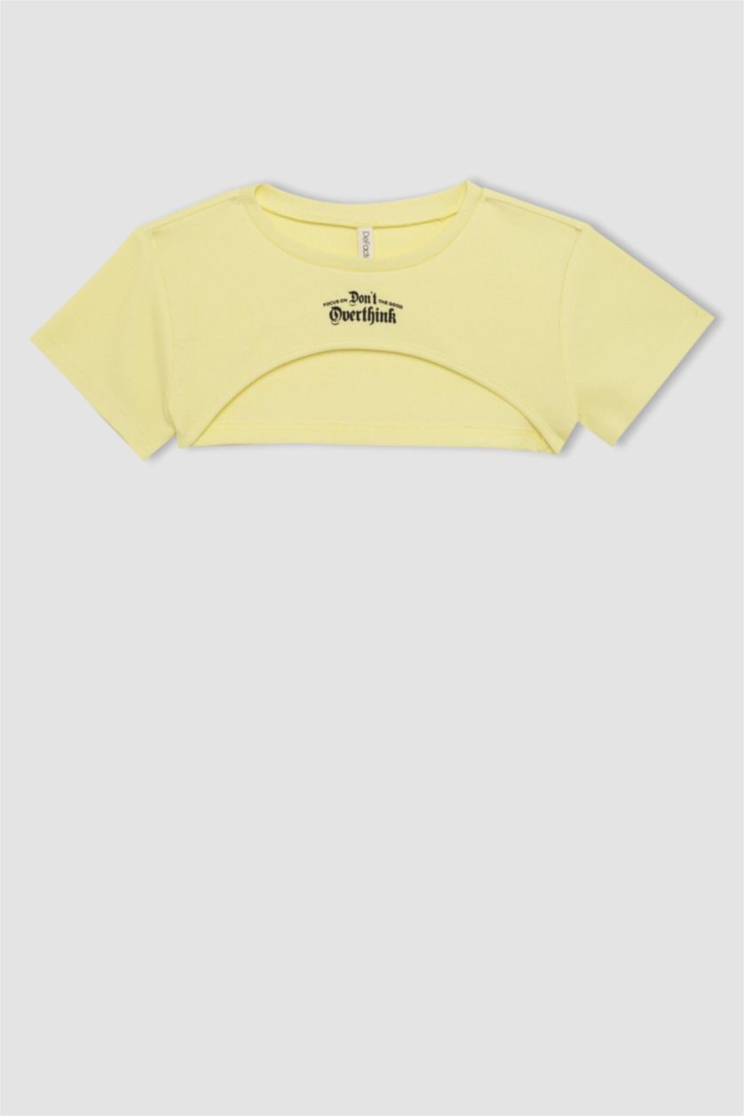 Girls & Teens Light Yellow Girl Crop Ribbed Camisole 2 Piece Short Sleeve T-Shirt