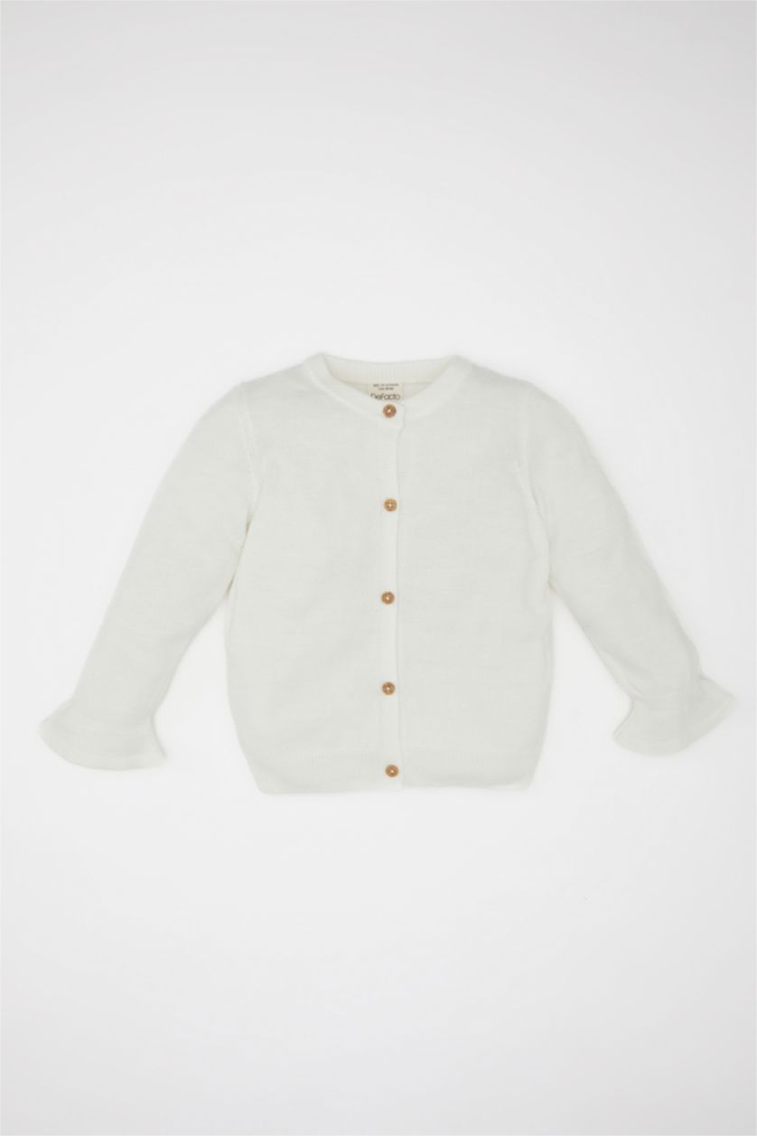 Kız Bebek Ekru Kız Bebek Bisiklet Yaka Kolları Fırfırlı Düğmeli Triko Hırka