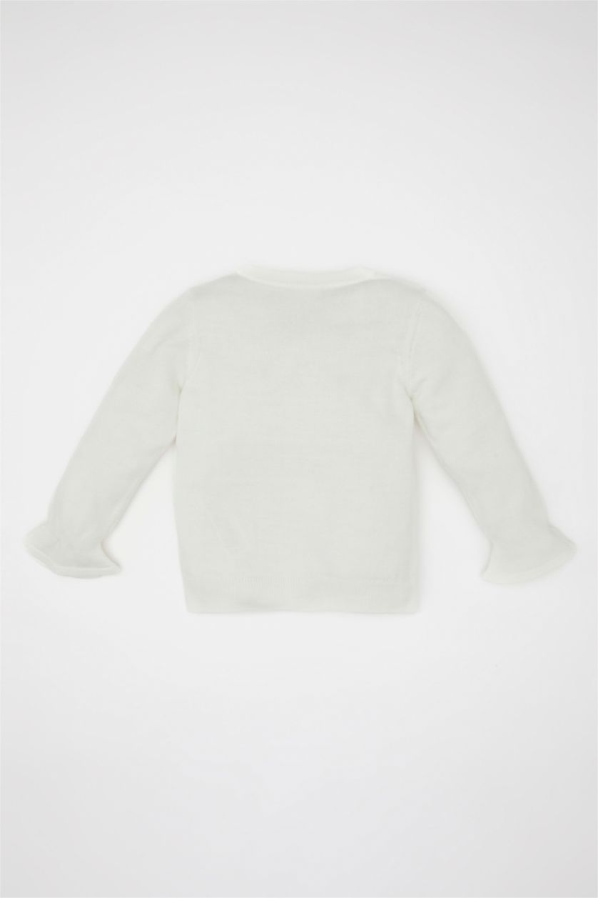 Kız Bebek Ekru Kız Bebek Bisiklet Yaka Kolları Fırfırlı Düğmeli Triko Hırka