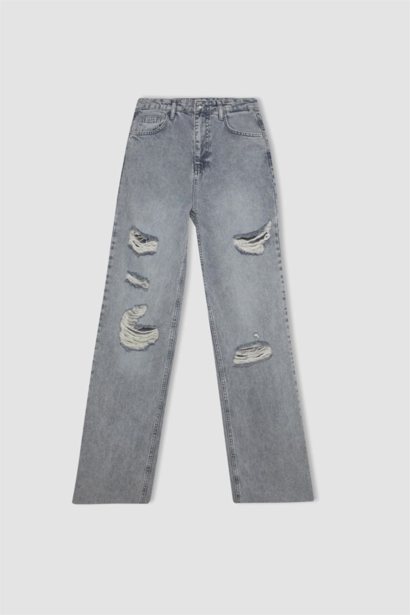 نساء رمادي بنطرون جينز برجل واسع وايد ليج وخصر عالي