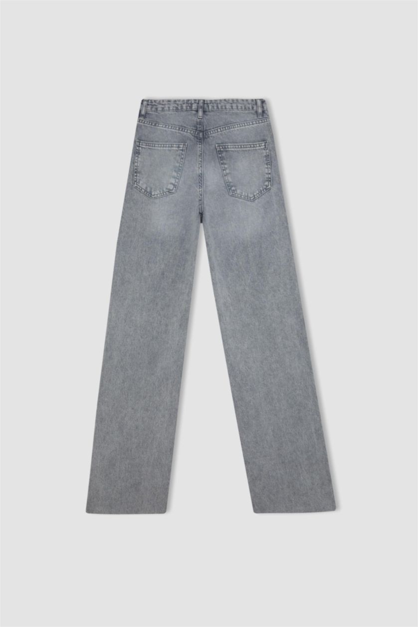 نساء رمادي بنطرون جينز برجل واسع وايد ليج وخصر عالي