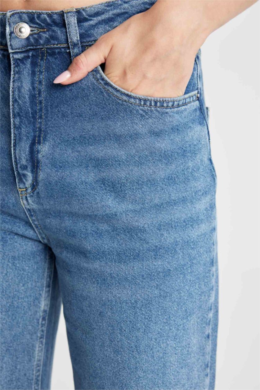 Kadın Koyu Mavi 90's Wıde Leg Yırtık Detaylı Yüksek Bel Uzun Jean Yıkamalı Pantolon