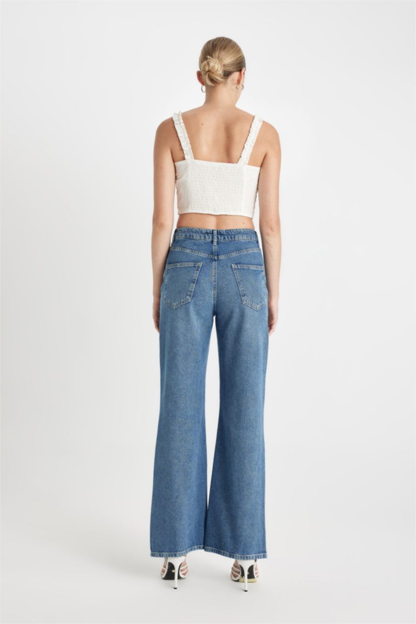Kadın Koyu Mavi 90's Wıde Leg Yırtık Detaylı Yüksek Bel Uzun Jean Yıkamalı Pantolon