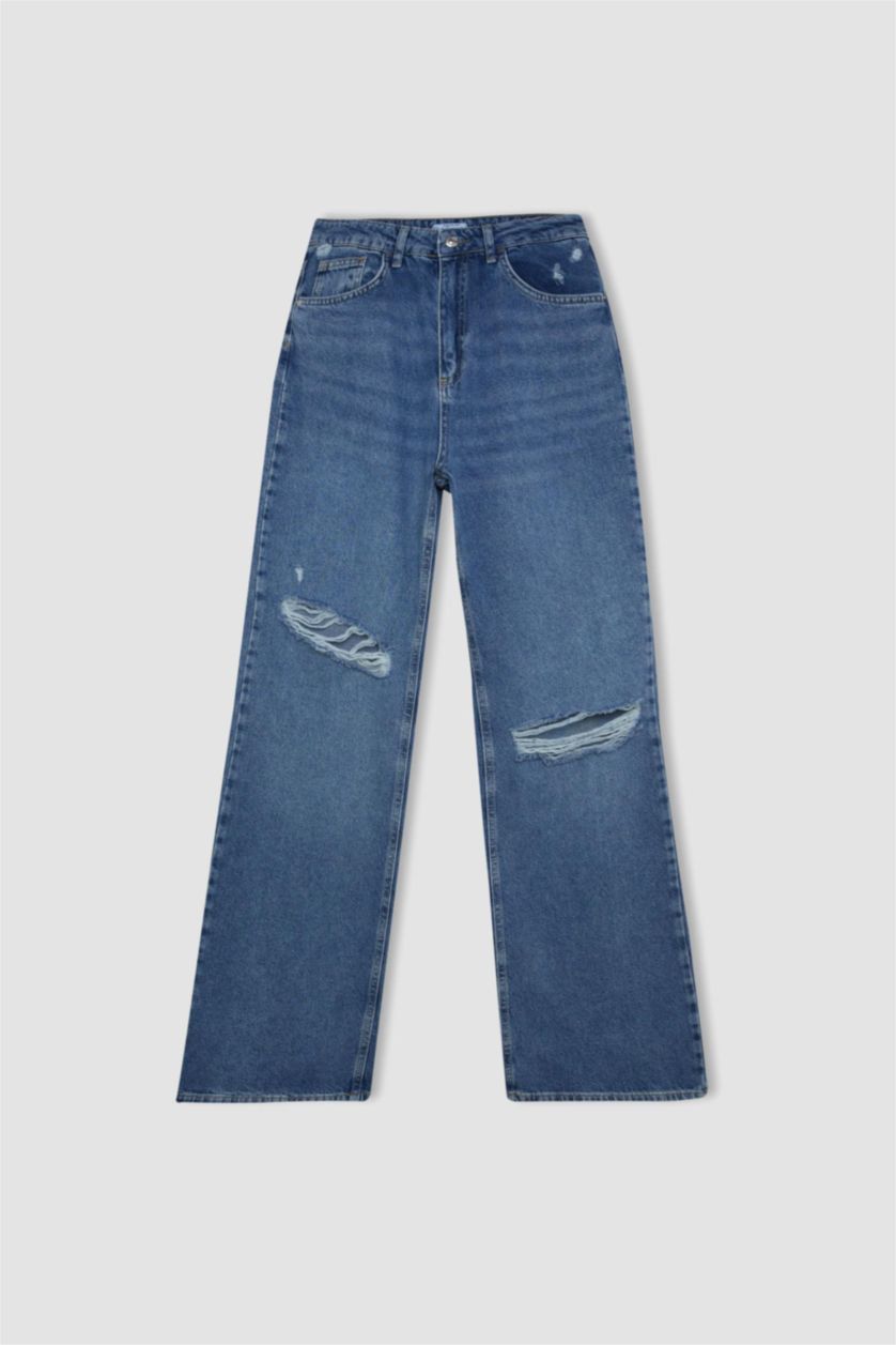 Kadın Koyu Mavi 90's Wıde Leg Yırtık Detaylı Yüksek Bel Uzun Jean Yıkamalı Pantolon