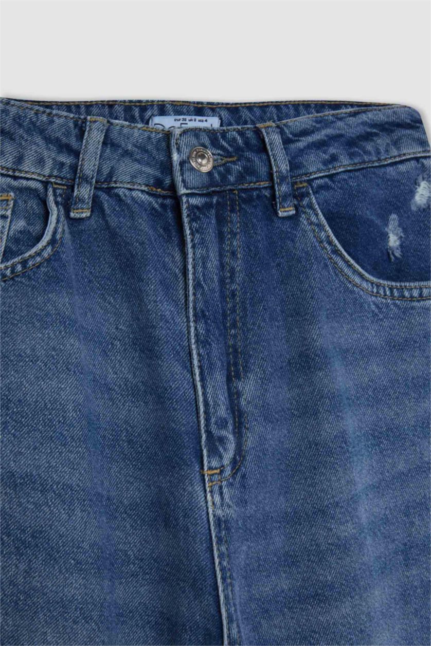 Kadın Koyu Mavi 90's Wıde Leg Yırtık Detaylı Yüksek Bel Uzun Jean Yıkamalı Pantolon