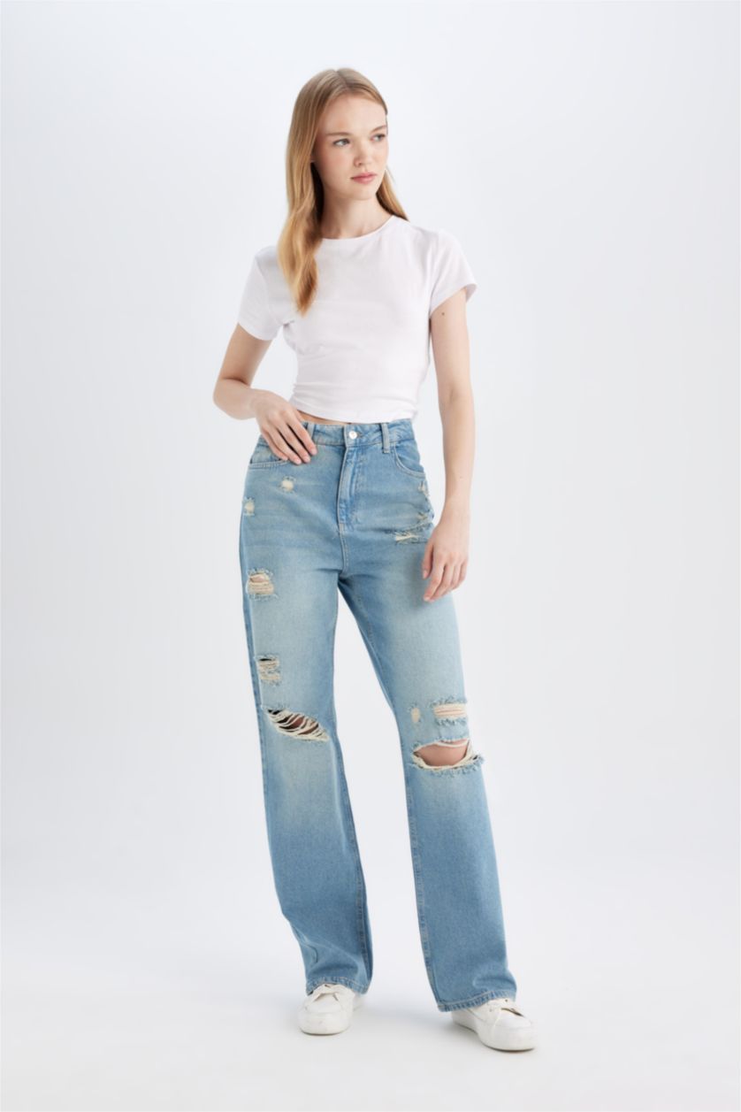 Woman Blue 90's Wide Leg High Waist Ripped Detailed Long Jeans
