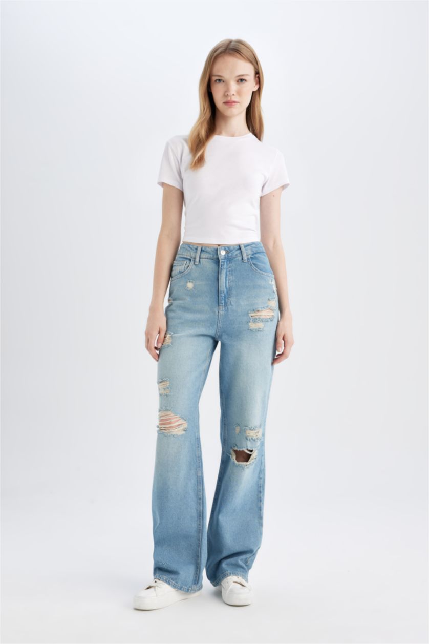 Woman Blue 90's Wide Leg High Waist Ripped Detailed Long Jeans