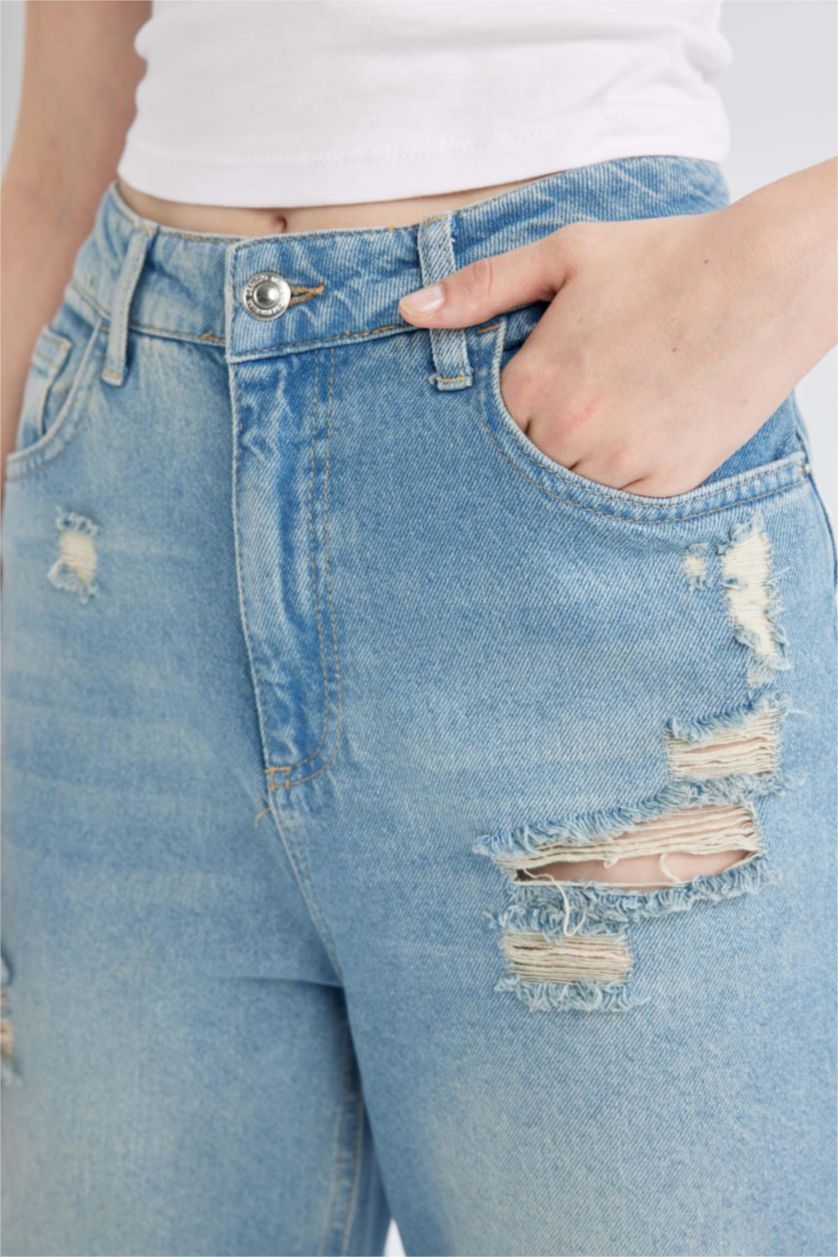 Woman Blue 90's Wide Leg High Waist Ripped Detailed Long Jeans