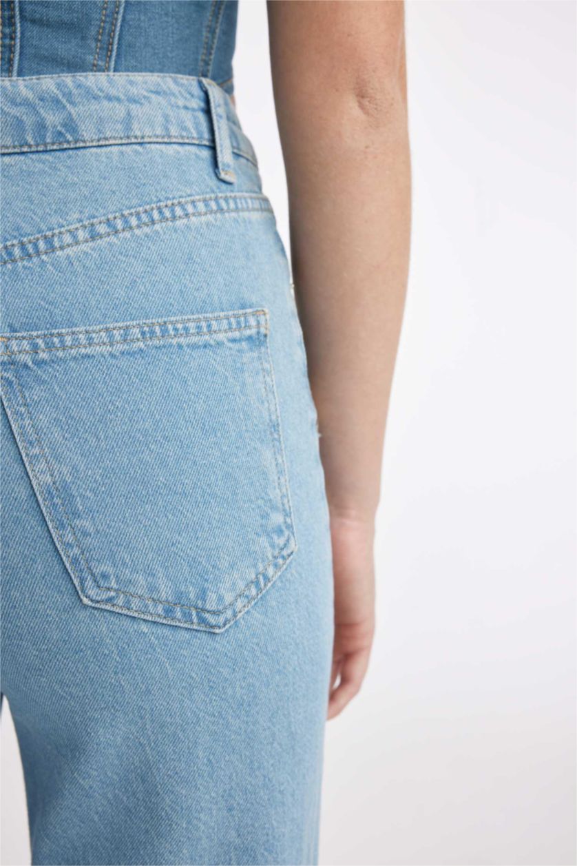 Woman Blue 90's Wide Leg High Waist Ripped Detailed Long Jeans