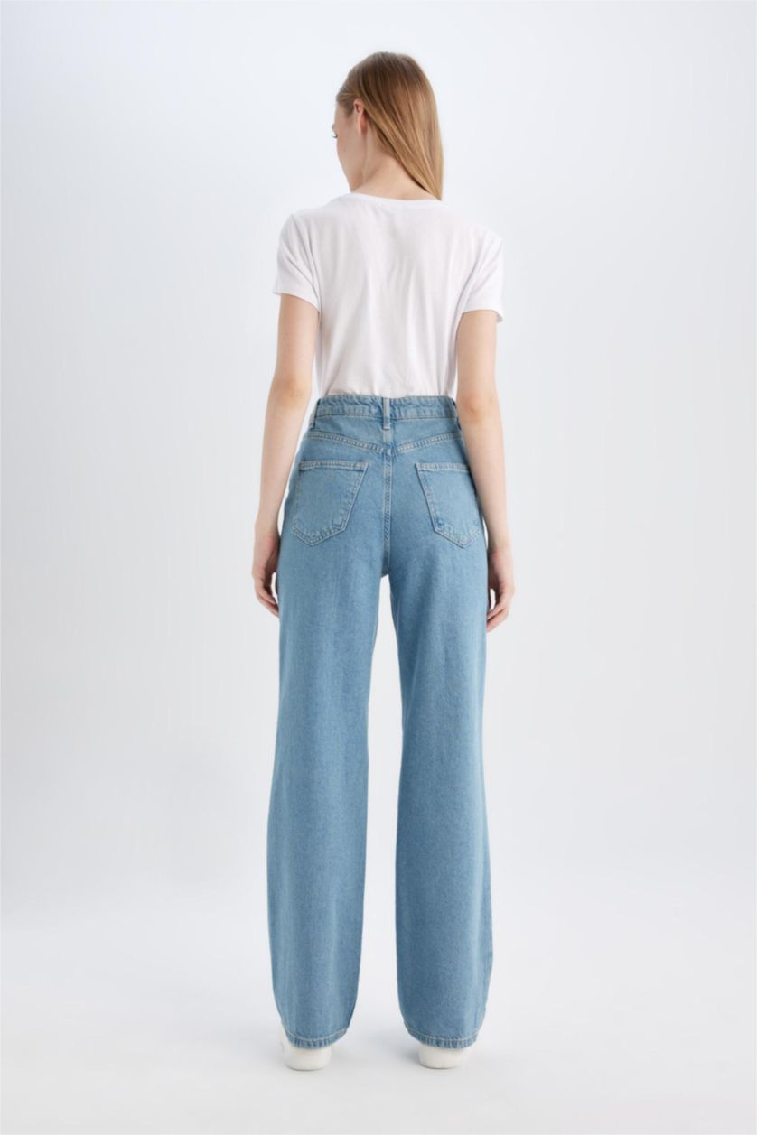 Woman Blue 90's Wide Leg High Waist Ripped Detailed Long Jeans