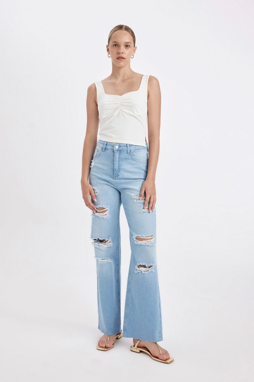 Kadın Açık İndigo 90's Wide Leg Yüksek Bel Geniş Paça Yırtık Detaylı Yıkamalı Jean Pantolon