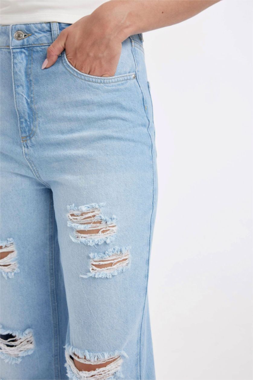 Kadın Açık İndigo 90's Wide Leg Yüksek Bel Geniş Paça Yırtık Detaylı Yıkamalı Jean Pantolon