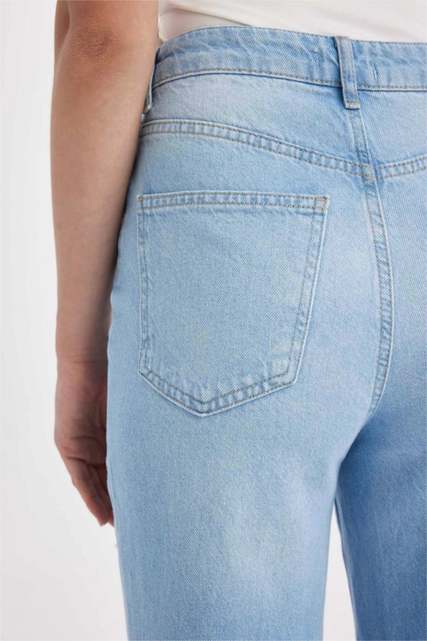 Kadın Açık İndigo 90's Wide Leg Yüksek Bel Geniş Paça Yırtık Detaylı Yıkamalı Jean Pantolon