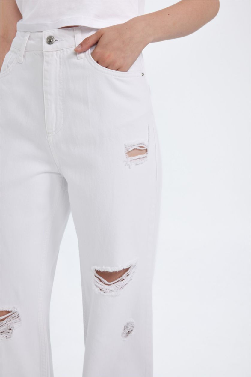 نساء أبيض (000) بنطرون وايد ليج برجل واسع وخصر عالي