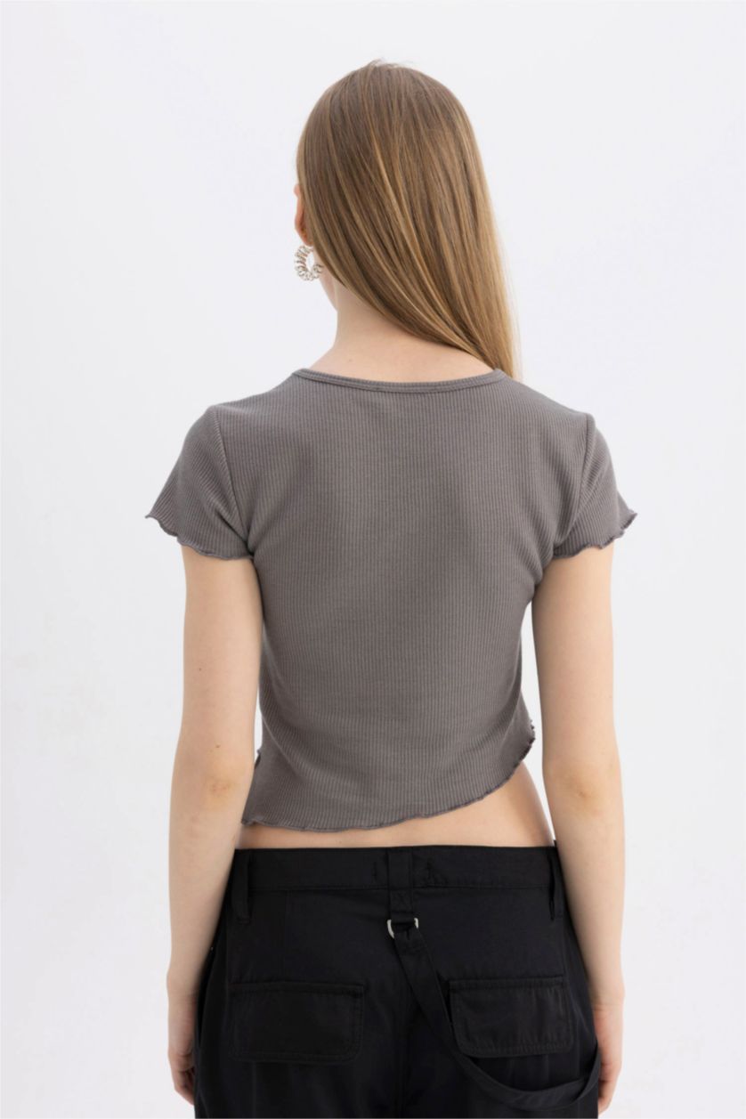 نساء رمادي داكن تيشيرت سليم فيت نص ردن بطبعة