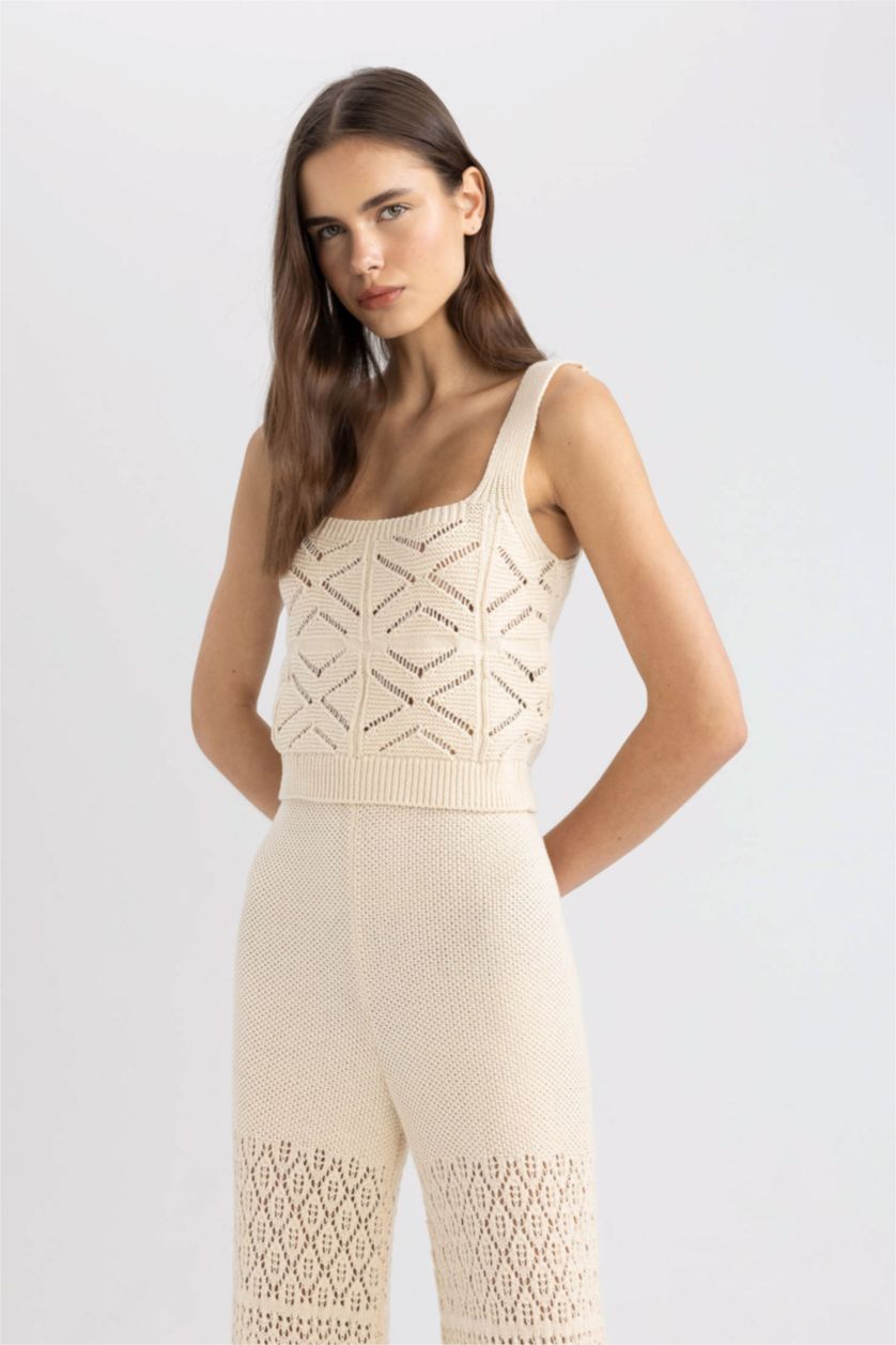 WOMAN Ecru Crop Square Neck Crochet Crop Top