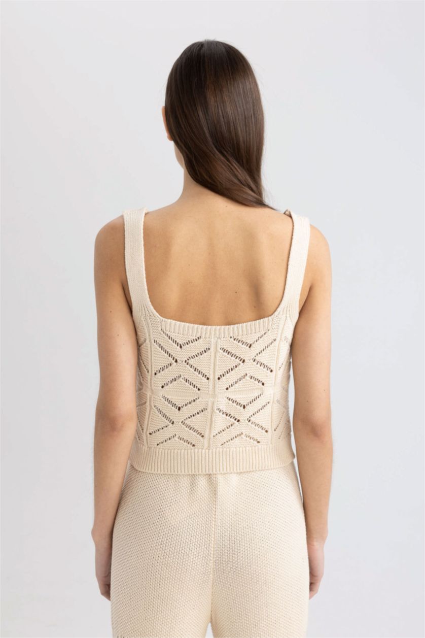 WOMAN Ecru Crop Square Neck Crochet Crop Top