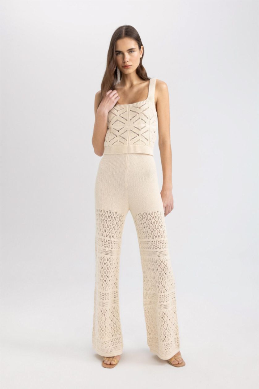 WOMAN Ecru Wide Leg Crochet Lined Trousers