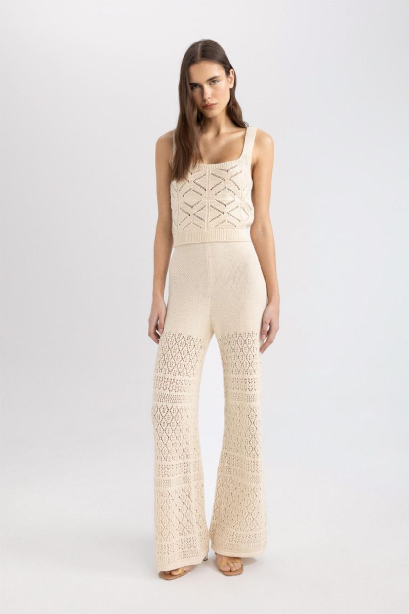 WOMAN Ecru Wide Leg Crochet Lined Trousers