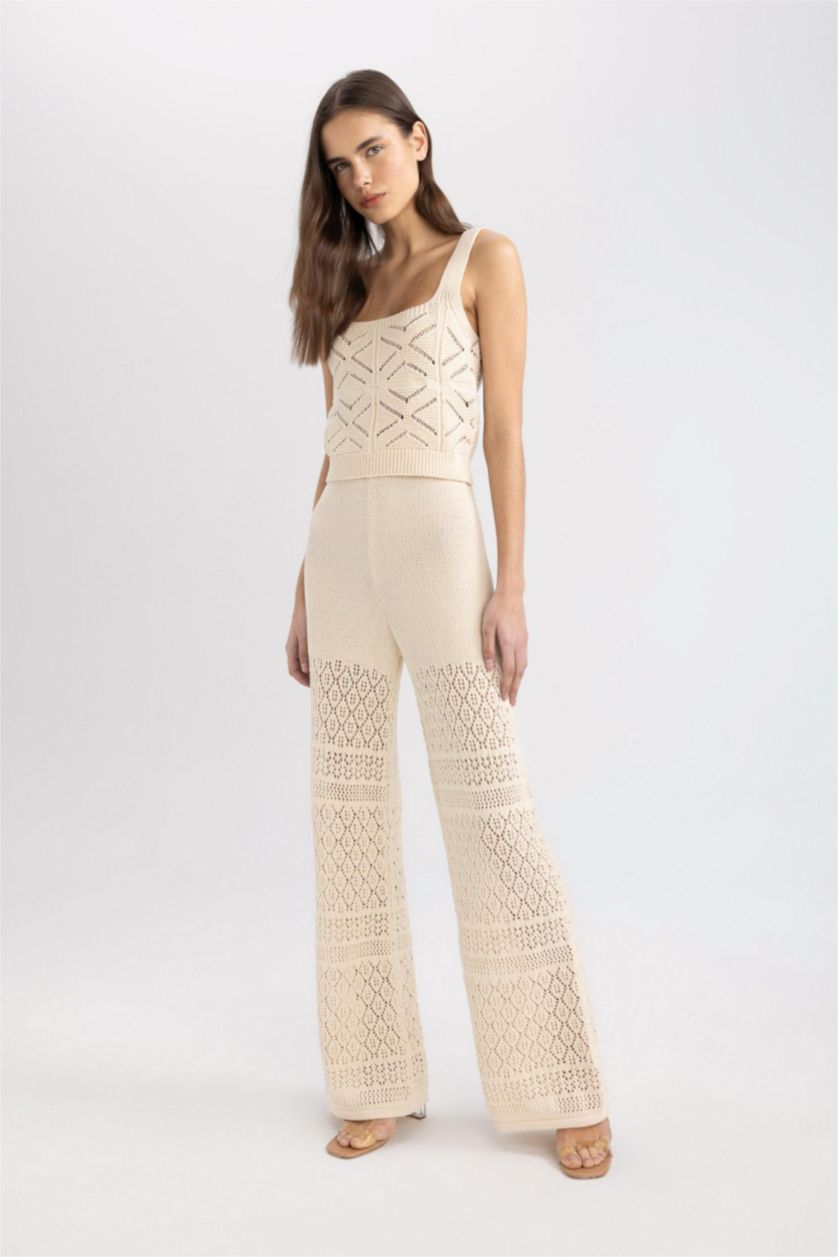 WOMAN Ecru Wide Leg Crochet Lined Trousers