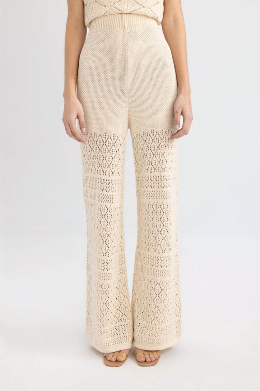 WOMAN Ecru Wide Leg Crochet Lined Trousers