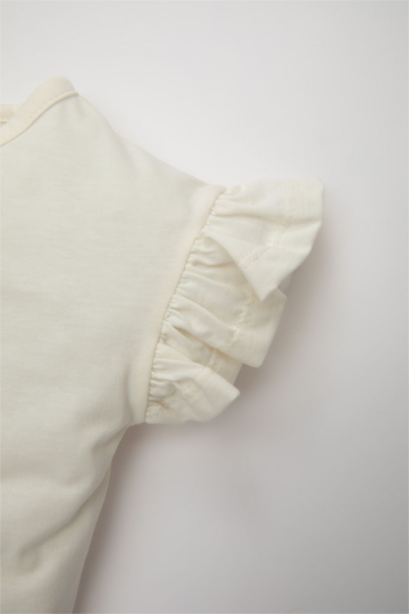 Kız Bebek Ekru Kız Bebek Bisiklet Yaka Balerin Baskılı Kısa Kollu Tişört