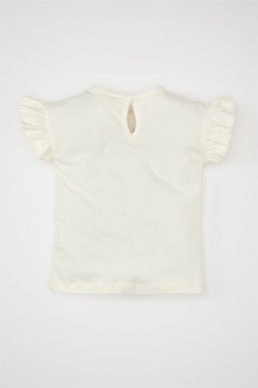 Kız Bebek Ekru Kız Bebek Bisiklet Yaka Balerin Baskılı Kısa Kollu Tişört