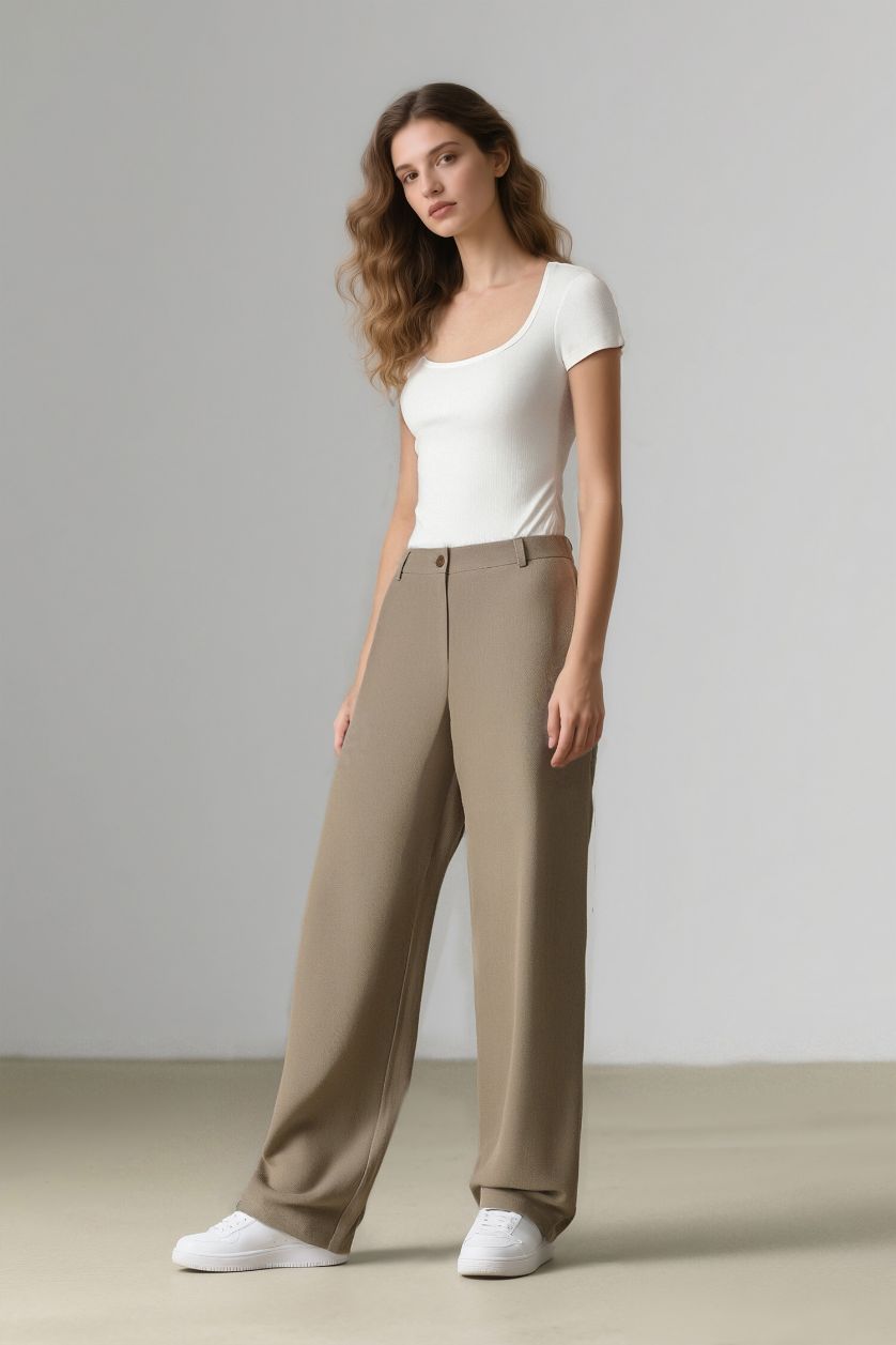 Kadın Açık Kahve Straight Fit Cepli Yüksek Bel Geniş Paça Uzun Boy Keten Karışımlı Kumaş Pantolon