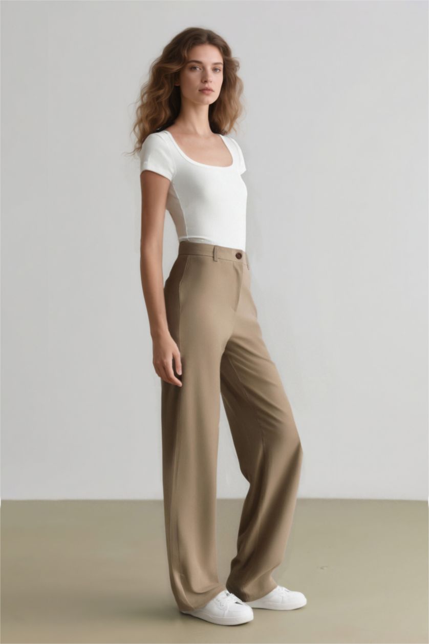 Kadın Açık Kahve Straight Fit Cepli Yüksek Bel Geniş Paça Uzun Boy Keten Karışımlı Kumaş Pantolon