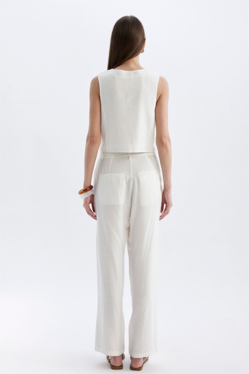 Woman White Straight Fit High Waist Wide Leg Linen Blend Trousers