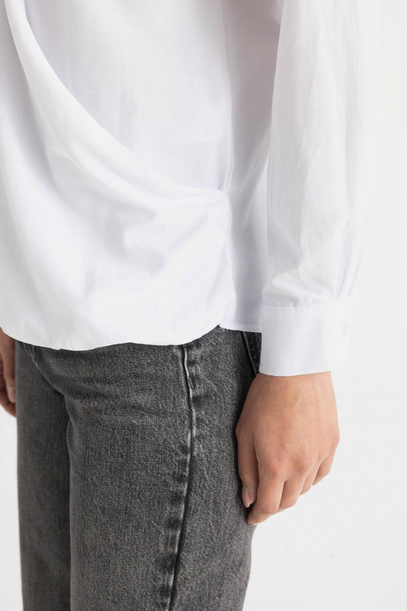 Kadın Beyaz Basic Düz Poplin Uzun Kollu Gömlek