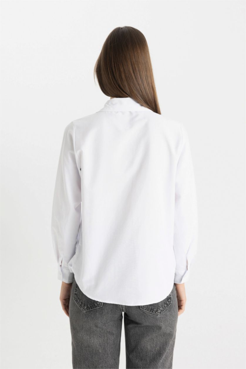 Kadın Beyaz Basic Düz Poplin Uzun Kollu Gömlek