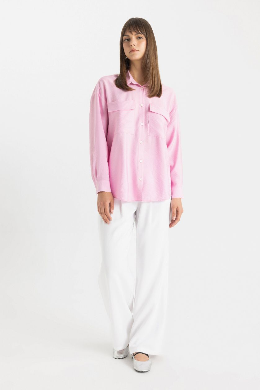 Woman Pink Relax Fit Long Sleeve Shirt Tunic