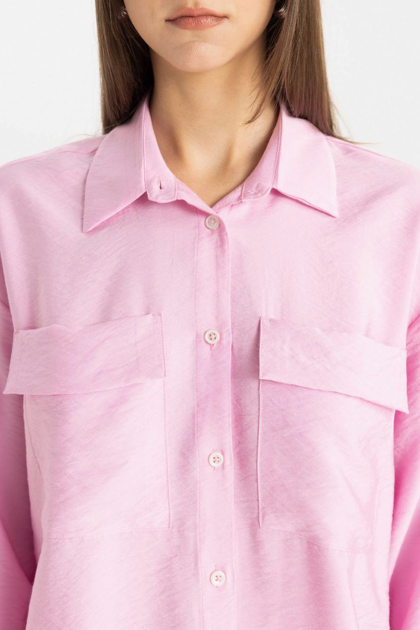 Woman Pink Relax Fit Long Sleeve Shirt Tunic