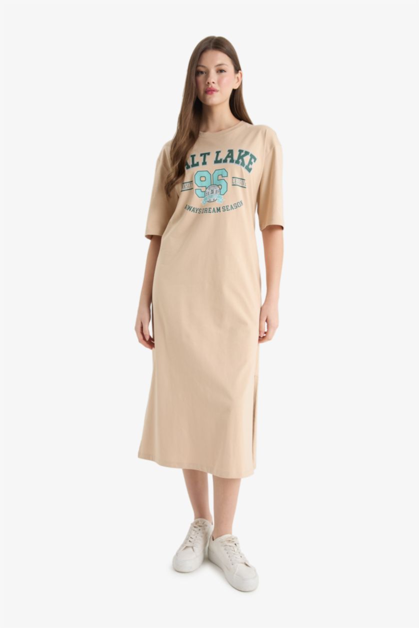 Kadın Bej Bisiklet Yaka Baskılı Penye Kısa Kollu Midi Elbise