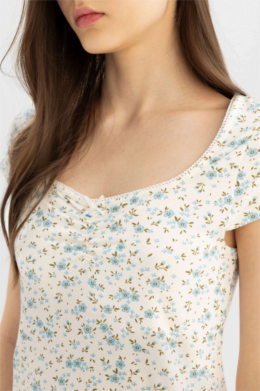 WOMAN Ecru Combed Cotton Short Sleeve Floral Mini Dress