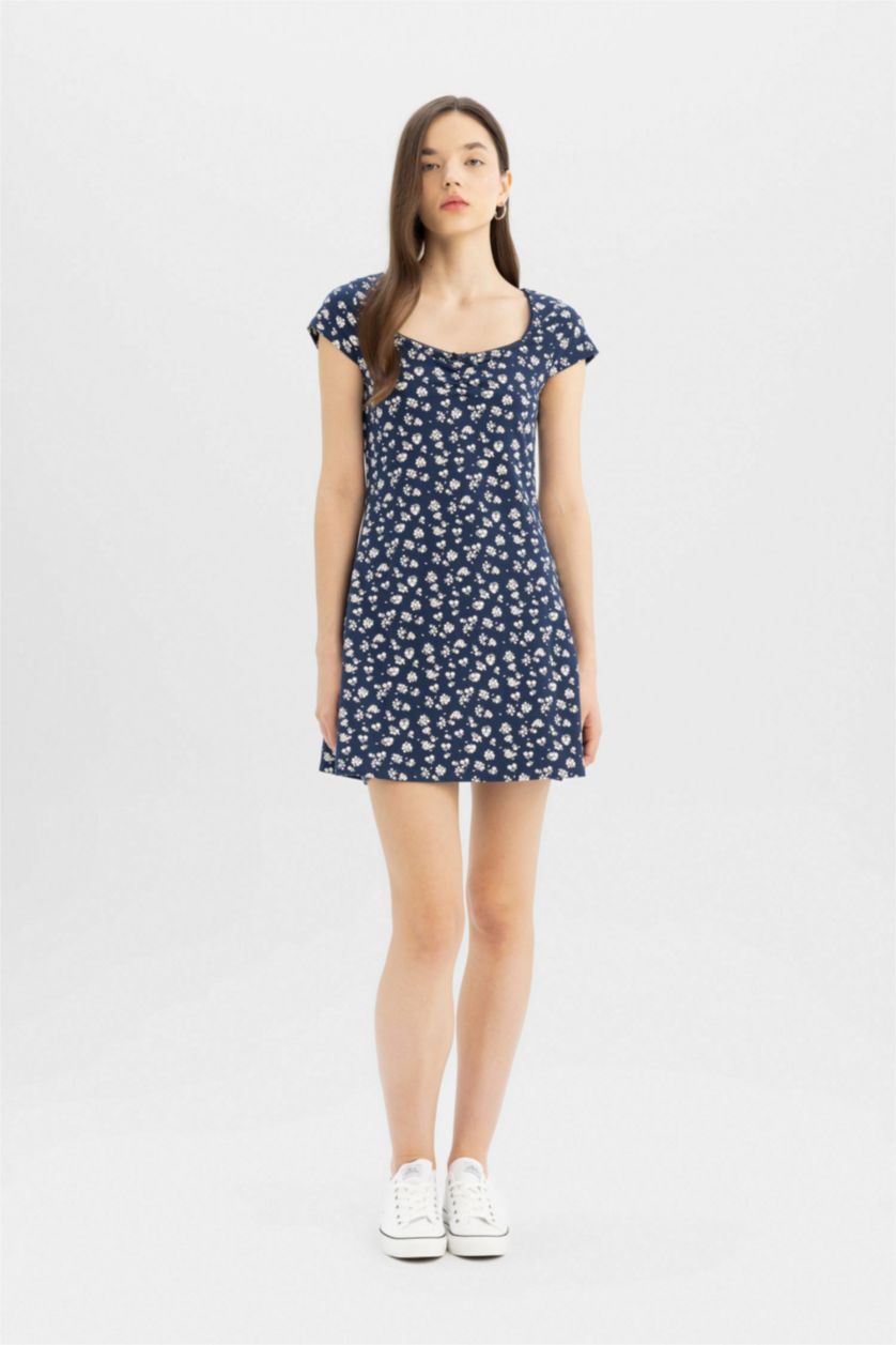 نساء كحلي فستان قصير بنقشة الزهور نص كم