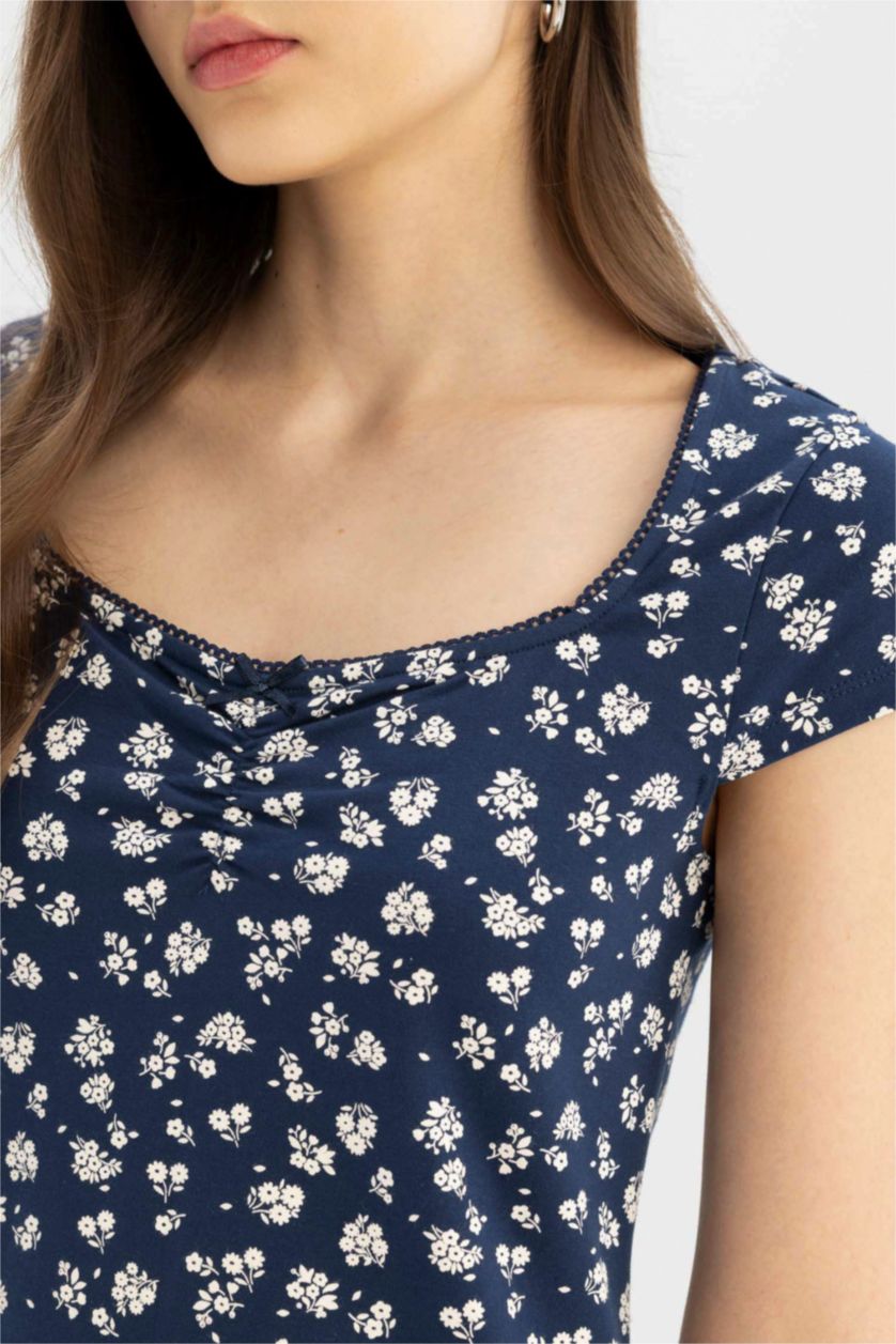 نساء كحلي فستان قصير بنقشة الزهور نص كم