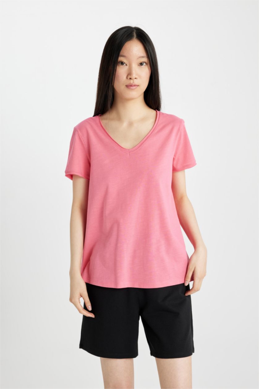 WOMAN Pink Regular Fit V Neck Short Sleeve T-Shirt