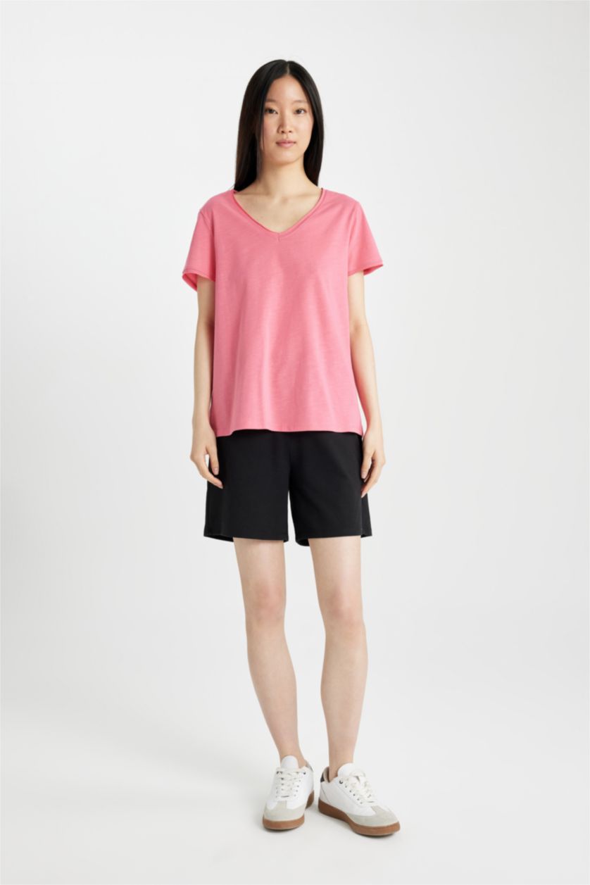 WOMAN Pink Regular Fit V Neck Short Sleeve T-Shirt