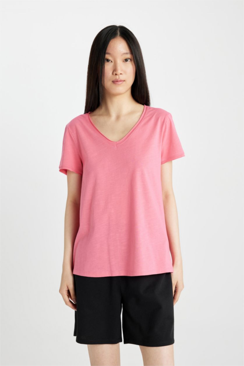 WOMAN Pink Regular Fit V Neck Short Sleeve T-Shirt