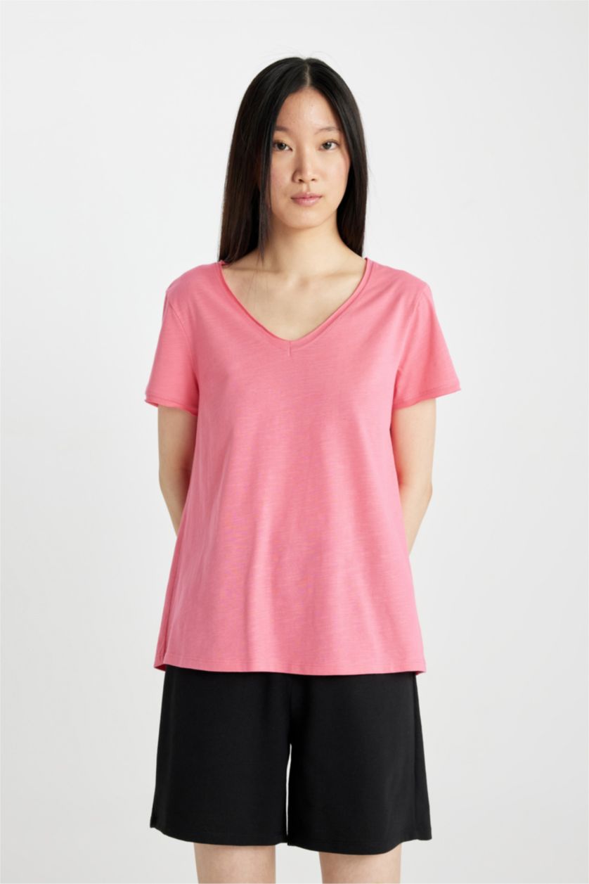 WOMAN Pink Regular Fit V Neck Short Sleeve T-Shirt