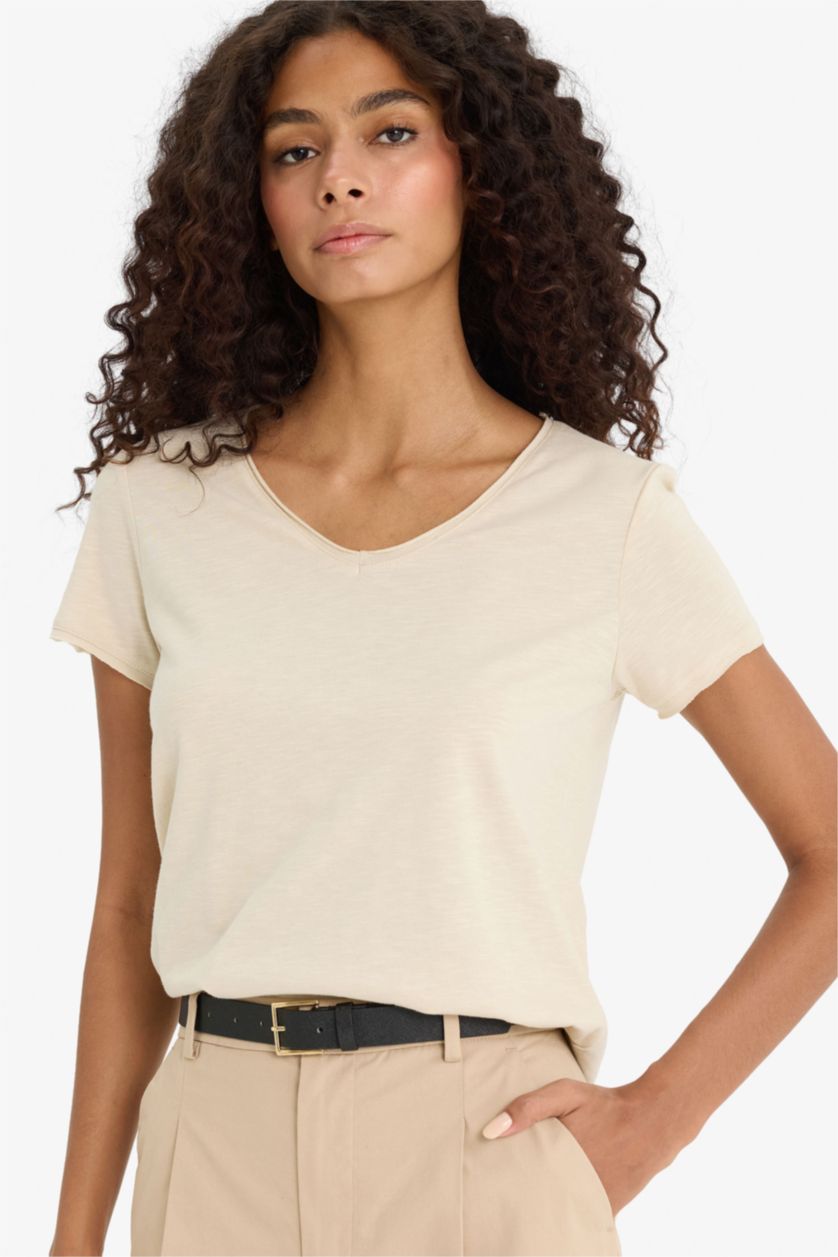 WOMAN Beige Regular Fit V Neck Short Sleeve T-Shirt