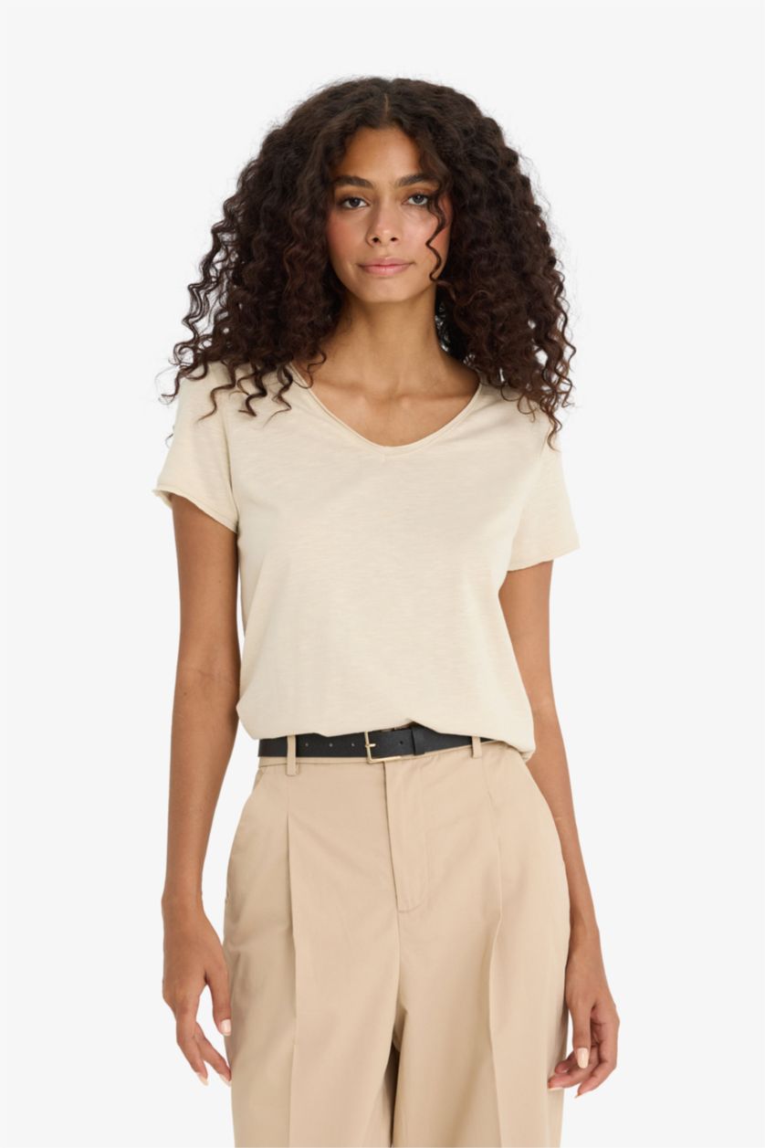 WOMAN Beige Regular Fit V Neck Short Sleeve T-Shirt
